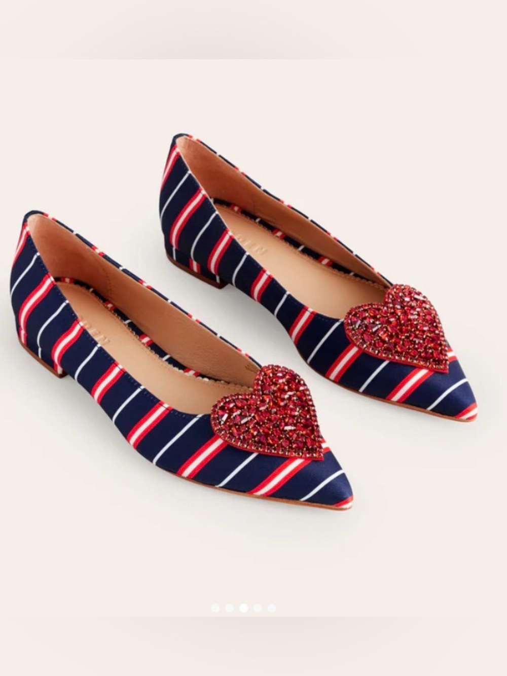 New! BODEN Heart Embellished Flat Point shoe. Size 6-6.5US 37 EU red, white &blu